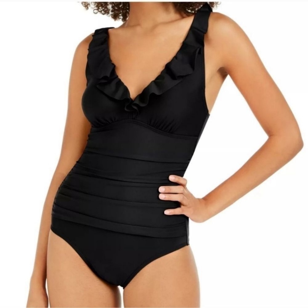 NWT DKNY Ruffle Plunge Tankini Set black size small